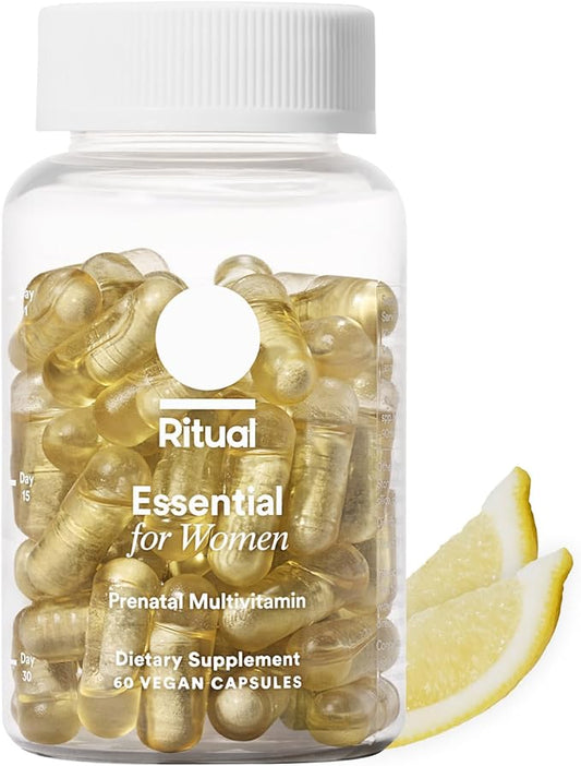 Ritual Essential for Women Prenatal Multivitamin: Folate & Choline for Neural Tube Support, Omega-3 DHA for Fetal Brain Development, Iron, Calcium-Helper D3 & K2, Non-GMO, Vegan, Citrus, 30 Days